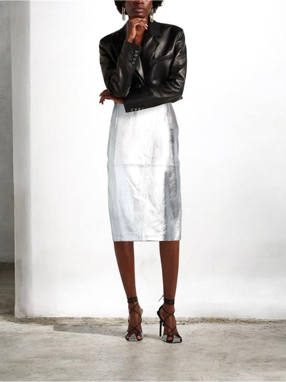ba&sh Silver Lambskin MIDi Skirt size 6